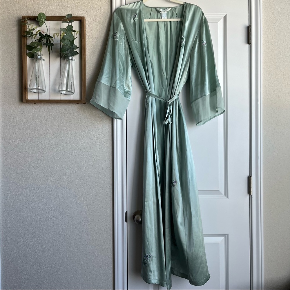 August Silk 100% silk seafoam green floral embroidery detail maxi robe